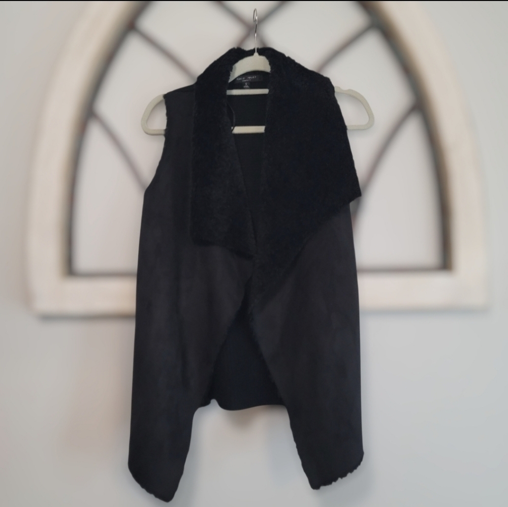 Romeo Juliet Couture Faux Fur Suede Vest Black Vest Open Drape, Sz S